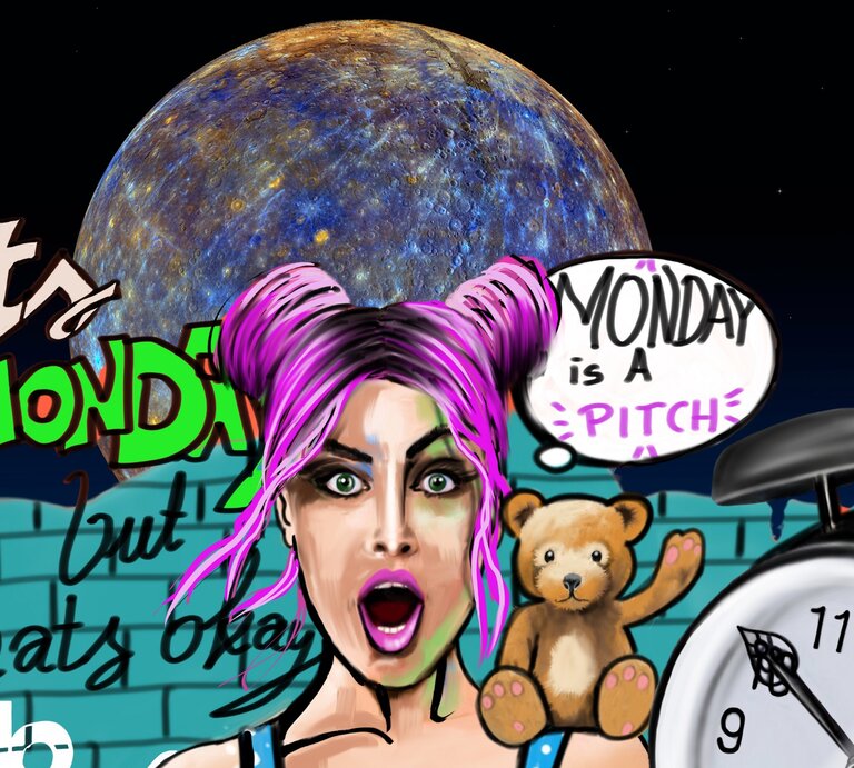Das Bild zeigt eine bunte, digitale Illustration mit dem Planeten Merkur im Hintergrund. Im Vordergrund steht eine Frau mit lila Haaren, die zu zwei Knoten gebunden sind, und einem überraschten Gesichtsausdruck. Neben ihr ist ein Teddybär zu sehen. Über ihrem Kopf befindet sich eine Sprechblase mit der Aufschrift "Monday is a pitch". Links neben ihr steht in großen, bunten Buchstaben "It's Monday" und darunter "but that's okay". Rechts im Bild ist ein großer Wecker abgebildet. Die Szene ist vor einer gemalten Backsteinwand platziert, die mit weiteren Schriftzügen und Graffiti verziert ist. | © Adobe Stock/ Dominika Baum und Dragan Valentin's Image via Canva.com [M]