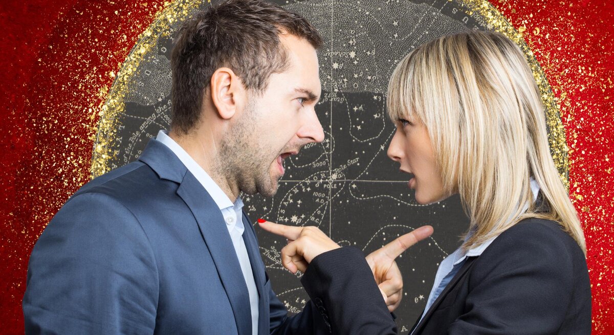 Ein Mann und eine Frau in Businesskleidung stehen sich gegenüber und streiten heftig. Beide zeigen mit ihren Fingern aufeinander. Im Hintergrund ist ein roter Kreis mit goldenen Glitzereffekten und einem Sternenkartenmuster zu sehen.