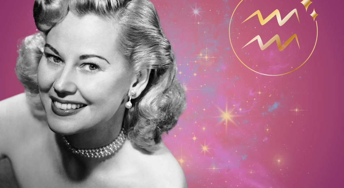 Symbolbild für das Jahreshoroskop 2026 für das Sternzeichen Wassermann. Illustration einer Frau im Retrostil vor einem pink-lilafarbenen Hintergrund mit einem bunten Sternennebel und dem goldglänzenden Symbol des Sternzeichens.