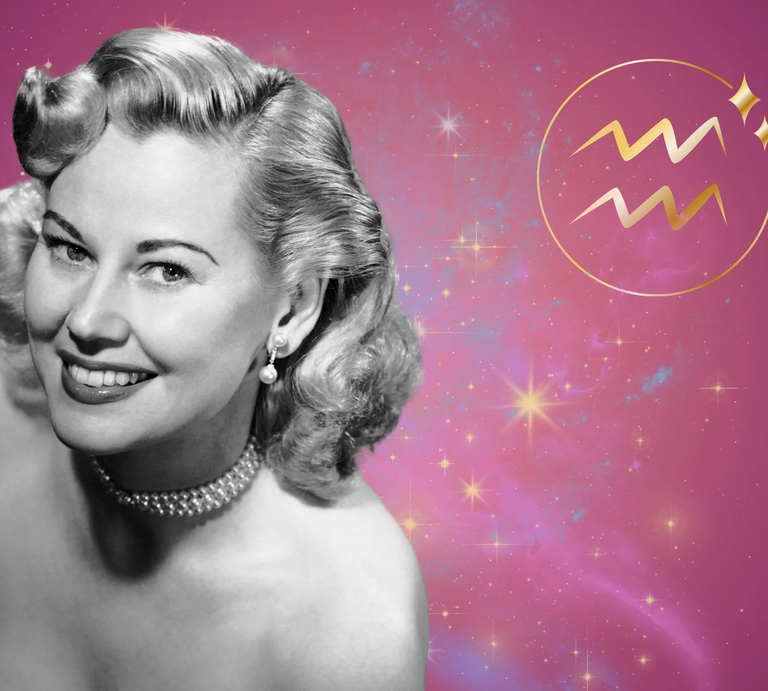 Symbolbild für das Jahreshoroskop 2026 für das Sternzeichen Wassermann. Illustration einer Frau im Retrostil vor einem pink-lilafarbenen Hintergrund mit einem bunten Sternennebel und dem goldglänzenden Symbol des Sternzeichens. | © Getty Images/ George Marks, Bombdesign und Artulina via Canva.com [M]