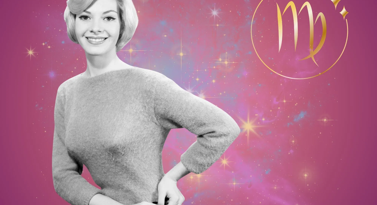 Symbolbild für das Jahreshoroskop 2026 für das Sternzeichen Jungfrau. Illustration einer Frau im Retrostil vor einem pink-lilafarbenen Hintergrund mit einem bunten Sternennebel und dem goldglänzenden Symbol des Sternzeichens.