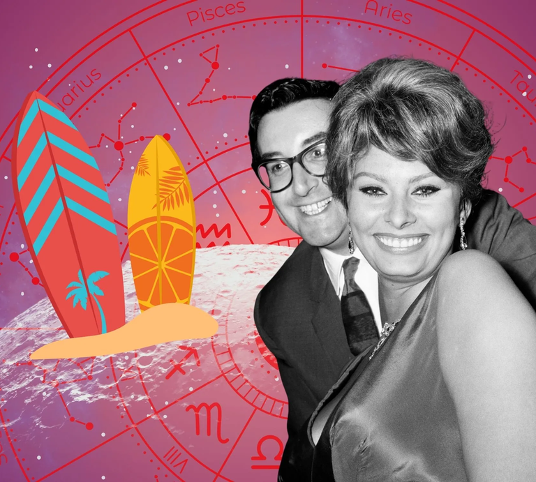 Vintage-Foto eines lachenden Paares, die Frau trägt ein elegantes Kleid, der Mann eine Brille und Anzug. Dahinter ein astrologischer Sternzeichenkreis und farbenfrohe Surfbretter als Collage-Elemente. | © Getty Images/ Mirrorpix, WinWin.artlab, sceptical cactus, OyoyStudio, kucingpink/ mohamad imron hamsyah und Graphic June/ graphicjune via Canva.com [M]