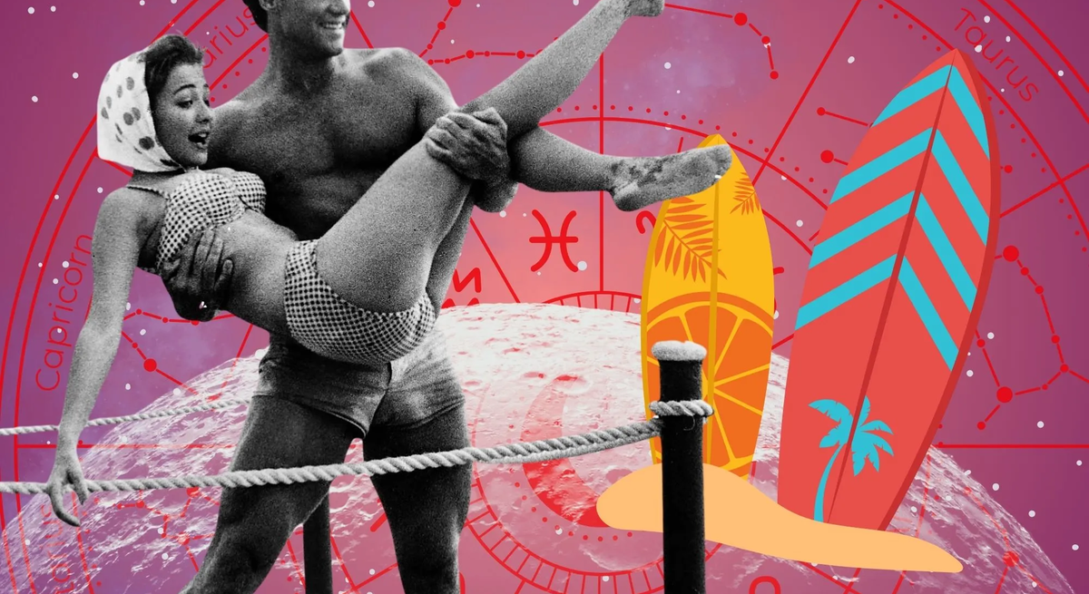 Retro-Strandszene in Schwarz-Weiß: Ein Mann hebt eine Frau im Bikini lachend in die Höhe. Im Hintergrund ein bunter astrologischer Sternzeichenkreis mit Surfbrettern als grafische Elemente.