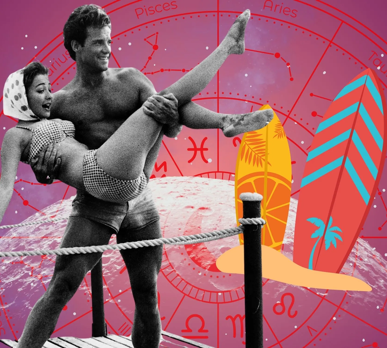 Retro-Strandszene in Schwarz-Weiß: Ein Mann hebt eine Frau im Bikini lachend in die Höhe. Im Hintergrund ein bunter astrologischer Sternzeichenkreis mit Surfbrettern als grafische Elemente. | © Getty Images/ Mirrorpix, WinWin.artlab, sceptical cactus, OyoyStudio, kucingpink/ mohamad imron hamsyah und Graphic June/ graphicjune via Canva.com [M]