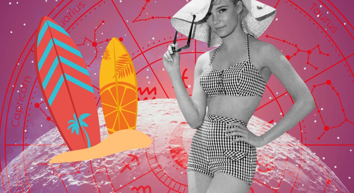 Schwarz-weiß Foto einer Frau im Retro-Bikini mit großem Sonnenhut und Sonnenbrille in der Hand. Hintergrund: astrologischer Sternzeichenkreis mit pinkem Farbverlauf und zwei illustrativen Surfbrettern.