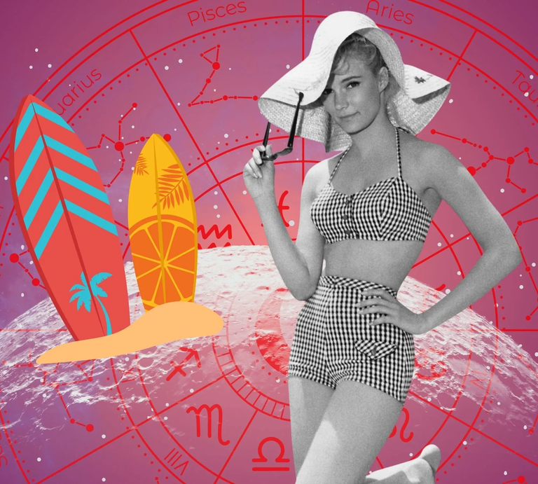 Schwarz-weiß Foto einer Frau im Retro-Bikini mit großem Sonnenhut und Sonnenbrille in der Hand. Hintergrund: astrologischer Sternzeichenkreis mit pinkem Farbverlauf und zwei illustrativen Surfbrettern. | © Getty Images/ Silver Screen Collection, WinWin.artlab, sceptical cactus, OyoyStudio, kucingpink/ mohamad imron hamsyah und Graphic June/ graphicjune via Canva.com [M]