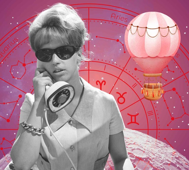 Retro-Frau mit Sonnenbrille und Telefonhörer im Schwarz-Weiß-Stil vor astrologischem Tierkreiszeichen-Hintergrund. Ein rosa Heißluftballon schwebt daneben, über einer kosmischen Mondlandschaft. | © Getty Images/ Sjöberg Bildbyrå, WinWin.artlab, sceptical cactus, OyoyStudio, kucingpink/ mohamad imron hamsyah und Benzwitart via Canva.com [M]