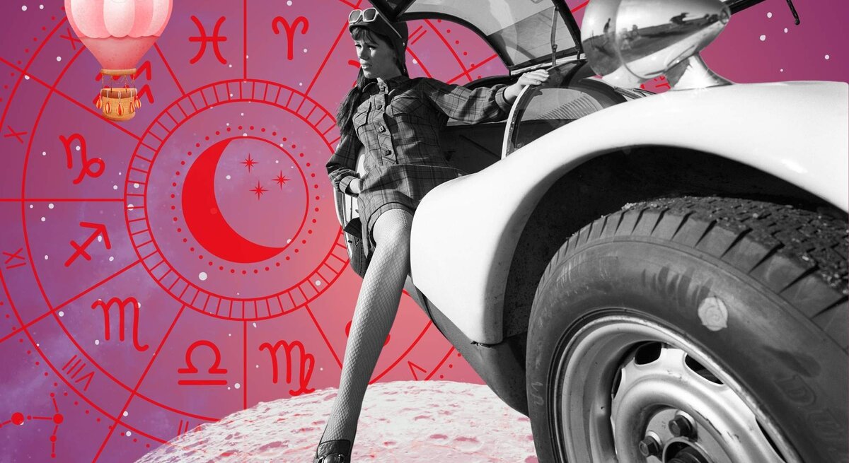 Collage aus Vintage-Elementen mit einer Frau in Netzstrumpfhosen, die aus einem Oldtimer steigt, vor einem astrologischen Hintergrund mit Tierkreiszeichen, Mondsymbol und Heißluftballon – symbolisiert ein kosmisches Abenteuer im Zeichen des Jobhoroskops.