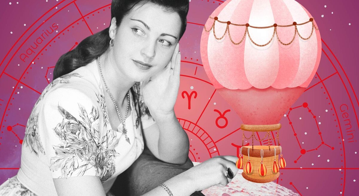 Retro-inspirierte Frau im floralen Kleid mit verträumtem Blick, lehnt sich an eine Mondoberfläche, vor einem astrologischen Hintergrund mit Tierkreiszeichen und Heißluftballon – steht symbolisch für einen fantasievollen Start in die Horoskopwoche.