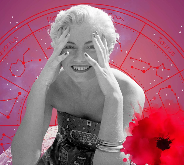 Lachende Frau mit retro Frisur und schulterfreiem Kleid vor einem astrologischen Sternzeichenkreis auf pink-violettem Hintergrund – symbolisiert Freude, Glück und kosmische Fügung. | © Getty Images/ Sjöberg Bildbyrå, WinWin.artlab, sceptical cactus, OyoyStudio, kucingpink/ mohamad imron hamsyah und pixabay/ Prawny via Canva.com [M]