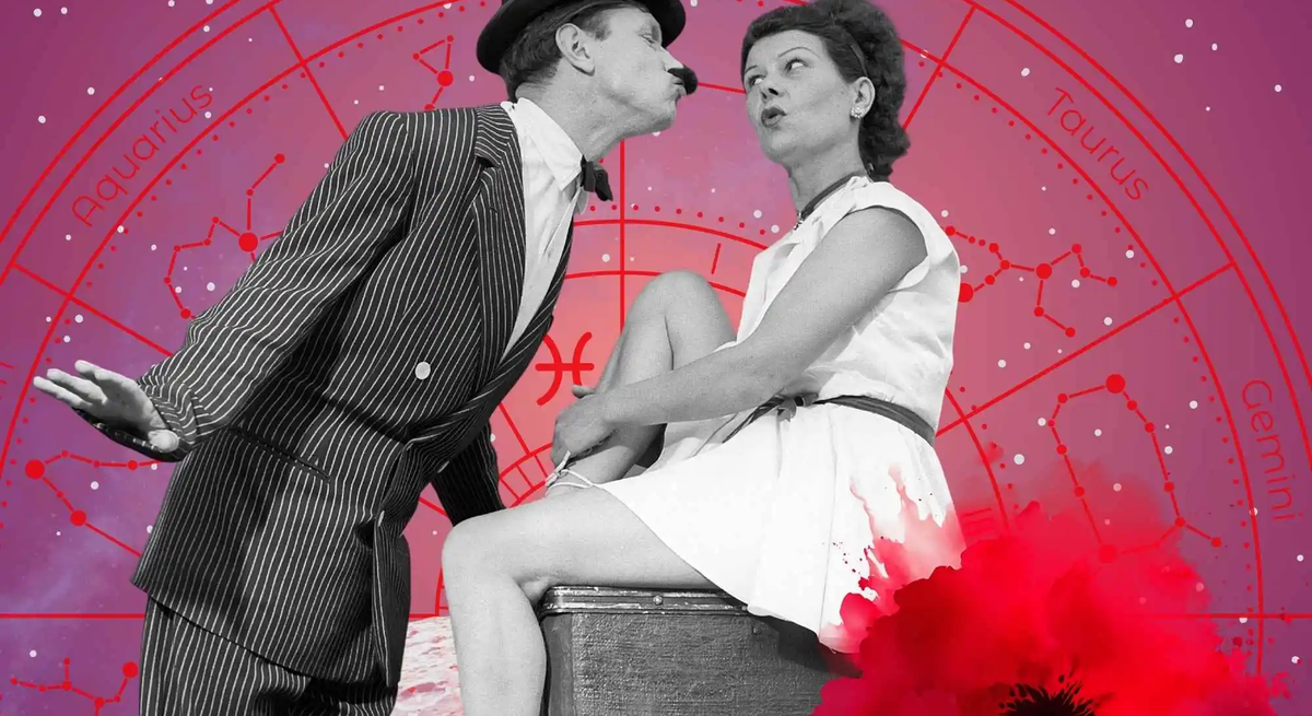 Schwarz-weiß Bild eines flirtenden Paars in Vintage-Kleidung vor einem astrologischen Hintergrund – illustriert romantische Spannung und humorvolle Liebesaussichten.