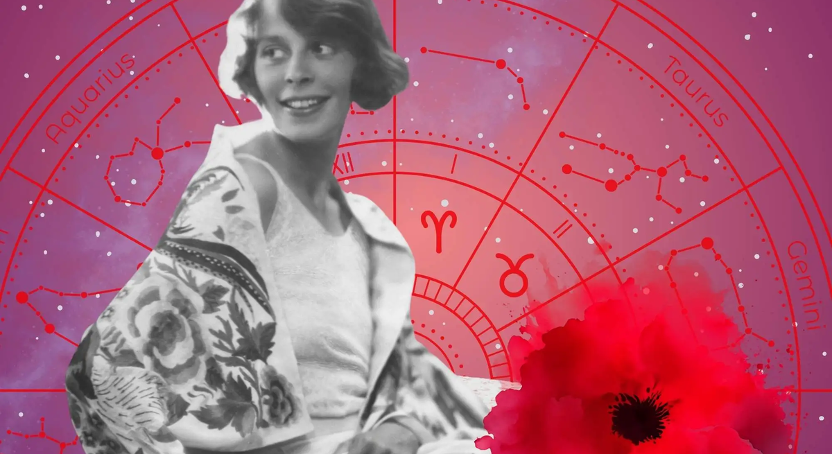 Vintage-Frau mit geblümtem Tuch lächelt verträumt vor einem roten Sternzeichenkreis – zeigt die Verbindung zwischen persönlichem Stil und astrologischer Wochenvorschau.