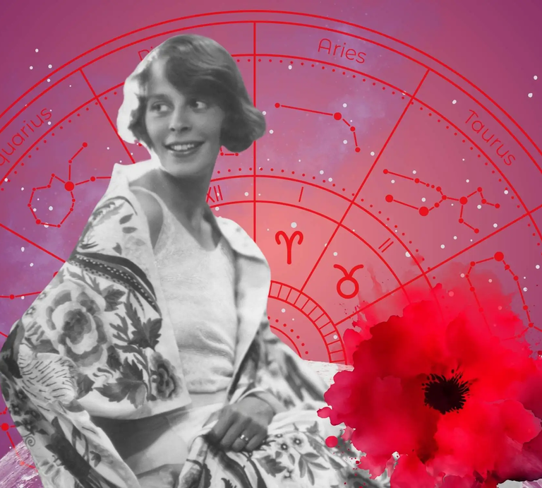 Vintage-Frau mit geblümtem Tuch lächelt verträumt vor einem roten Sternzeichenkreis – zeigt die Verbindung zwischen persönlichem Stil und astrologischer Wochenvorschau. | © Getty Images/ Sjöberg Bildbyrå, WinWin.artlab, sceptical cactus, OyoyStudio, kucingpink/ mohamad imron hamsyah und pixabay/ Prawny via Canva.com [M]