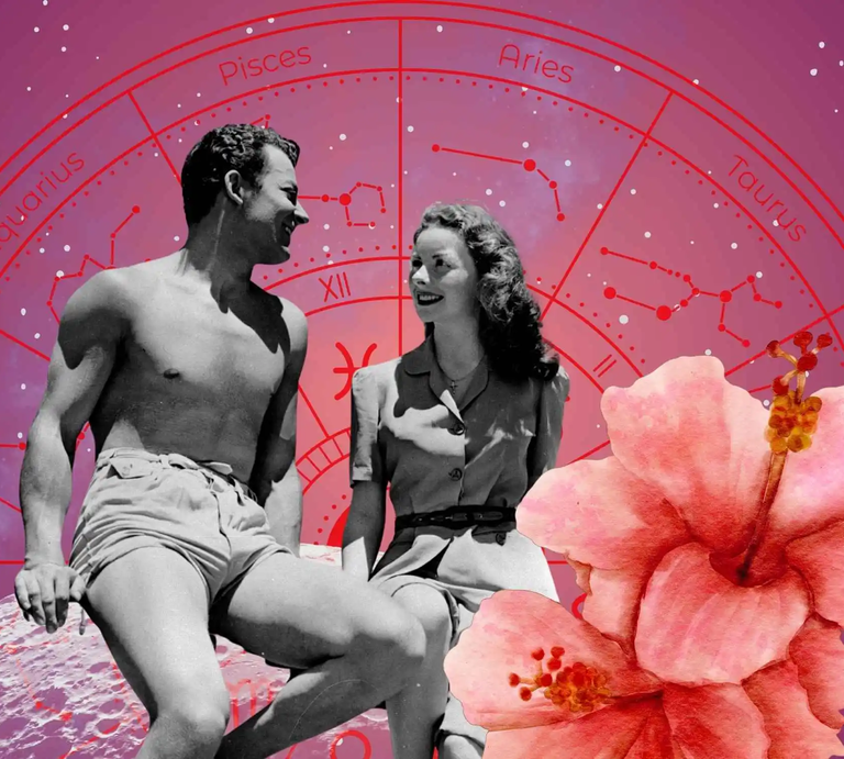 Schwarz-weiß Foto eines lächelnden Paares im Vintage-Look, das sich vor einem astrologischen Tierkreis-Hintergrund gegenüber sitzt. Im Vordergrund große Hibiskusblüten. Thema: Sommerflirts und Sternzeichen. | © Getty Images/ Keystone Features, WinWin.artlab, sceptical cactus, OyoyStudio und kucingpink/ mohamad imron hamsyah und baddesigner via Canva.com [M]