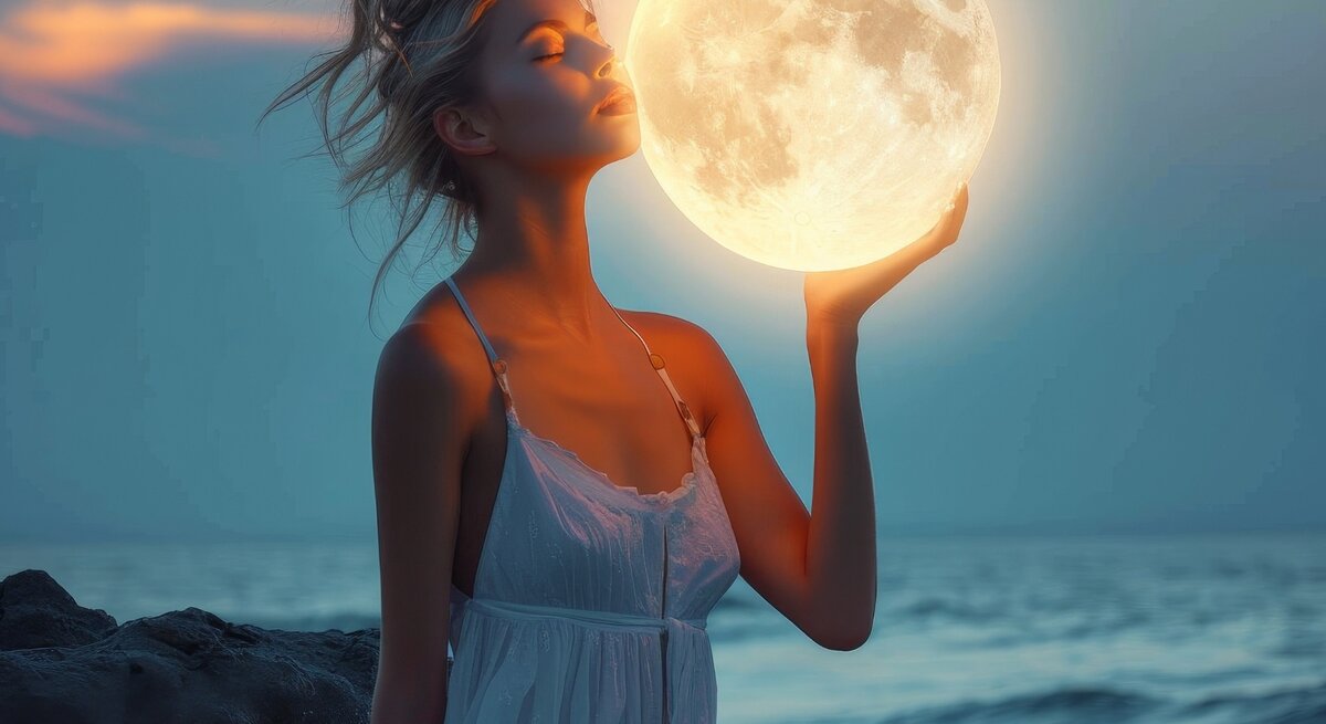 Stimmungsvolle Szene am Meer: Eine junge Frau im weißen Kleid steht auf einem Felsen bei Sonnenuntergang und hält symbolisch einen großen, leuchtenden Vollmond in der Hand. Ihr Gesicht ist dem Mond zugewandt, die Augen geschlossen – eine verträumte, mystisch-romantische Atmosphäre.“