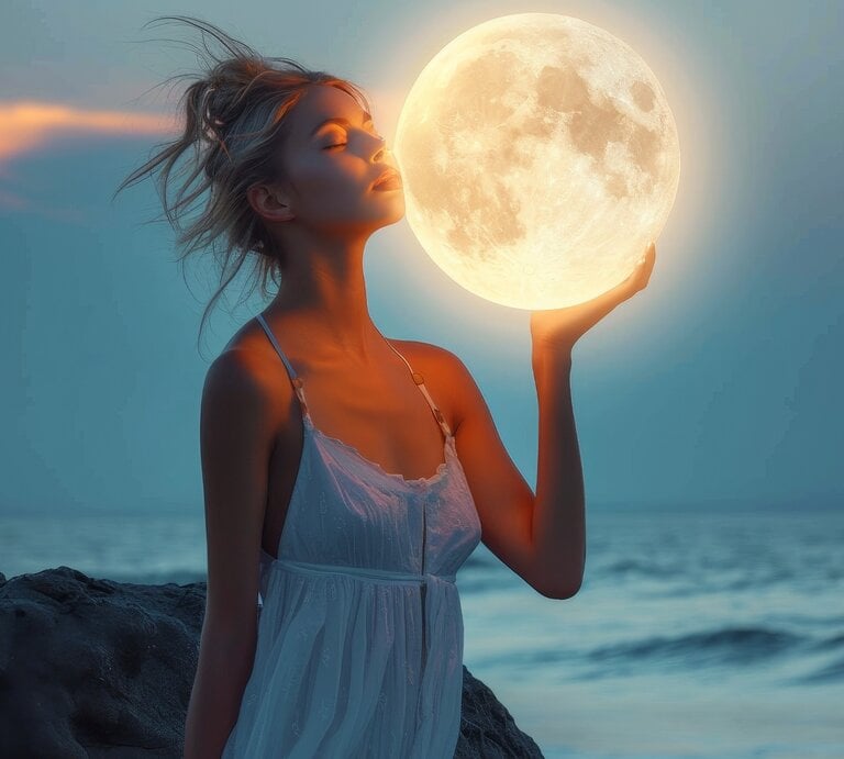 Stimmungsvolle Szene am Meer: Eine junge Frau im weißen Kleid steht auf einem Felsen bei Sonnenuntergang und hält symbolisch einen großen, leuchtenden Vollmond in der Hand. Ihr Gesicht ist dem Mond zugewandt, die Augen geschlossen – eine verträumte, mystisch-romantische Atmosphäre.“ | © Adobe Stock/ Pinklife