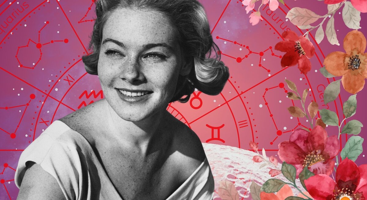 Porträt einer lächelnden jungen Frau im Retro-Stil vor einem pink-violetten astrologischen Hintergrund mit Tierkreiszeichen wie Zwillinge, Wassermann und Widder. Der Himmel ist mit Sternbildern und Konstellationen versehen. Farbige Blumenillustrationen in Rosa, Rot und Orange rahmen das Bild – eine Mischung aus Vintage-Charme, Lebensfreude und Astrologie.
