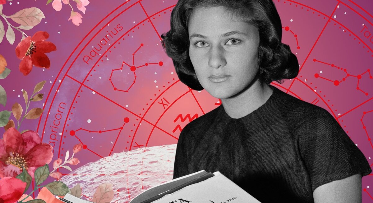 Vintage-Foto einer jungen Frau mit ernstem Blick, die ein aufgeschlagenes Buch mit dem Titel ‚La Fiesta Brava‘ in der Hand hält. Im Hintergrund ist ein pink-violetter Sternenhimmel mit astrologischen Sternzeichen wie Capricorn, Aquarius und Aries zu sehen. Blumenillustrationen in kräftigen Rot-, Rosa- und Orangetönen rahmen das Bild – eine Mischung aus Retro-Stil, Intellekt und Astrologie.