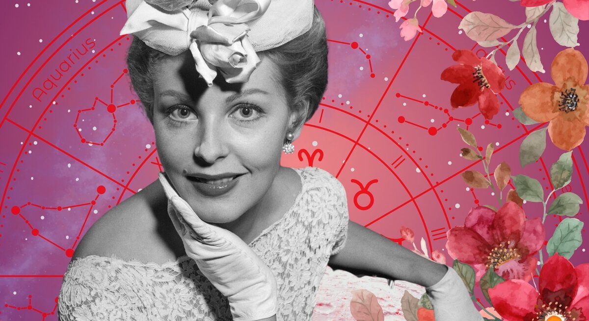 Collage aus Vintage-Fotografie und modernem Horoskop-Motiv: Eine elegant gekleidete Frau im Retro-Stil mit Hut und Spitzenkleid posiert lächelnd. Im Hintergrund sind astrologische Sternzeichen wie Widder, Stier und Wassermann zu sehen, dazu ein pink-violetter Sternenhimmel. Blumenillustrationen in Rot, Orange und Rosa rahmen das Bild ein – ein Mix aus Nostalgie, Romantik und mystischer Astrologie.