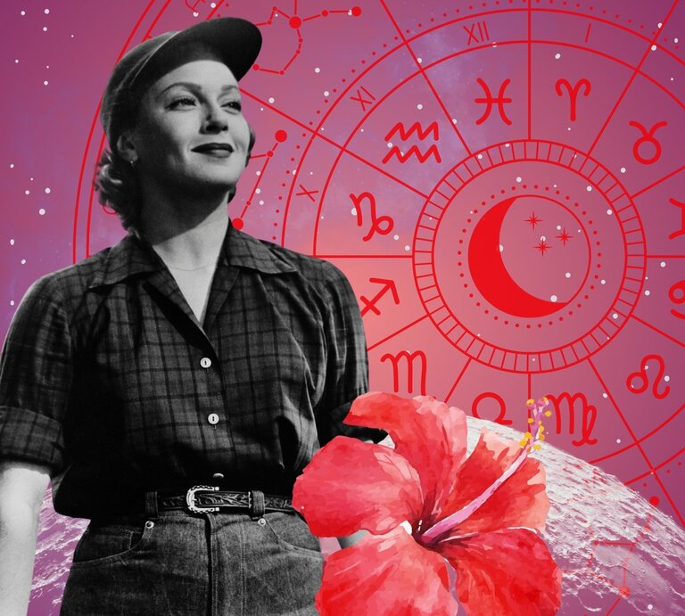 Eine Frau mit Baseballkappe und karierter Bluse steht selbstbewusst vor einem astrologischen Sternenkreis. Sie trägt eine hochsitzende Jeans und schaut nachdenklich zur Seite. Eine rote Hibiskusblüte im Vordergrund betont das feminine, kosmische Thema auf pink-lilafarbenem Hintergrund. | © Getty Images/ Keystone Features, WinWin.artlab, sceptical cactus, OyoyStudio, kucingpink/ mohamad imron hamsyah und floral designer via Canva.com [M]