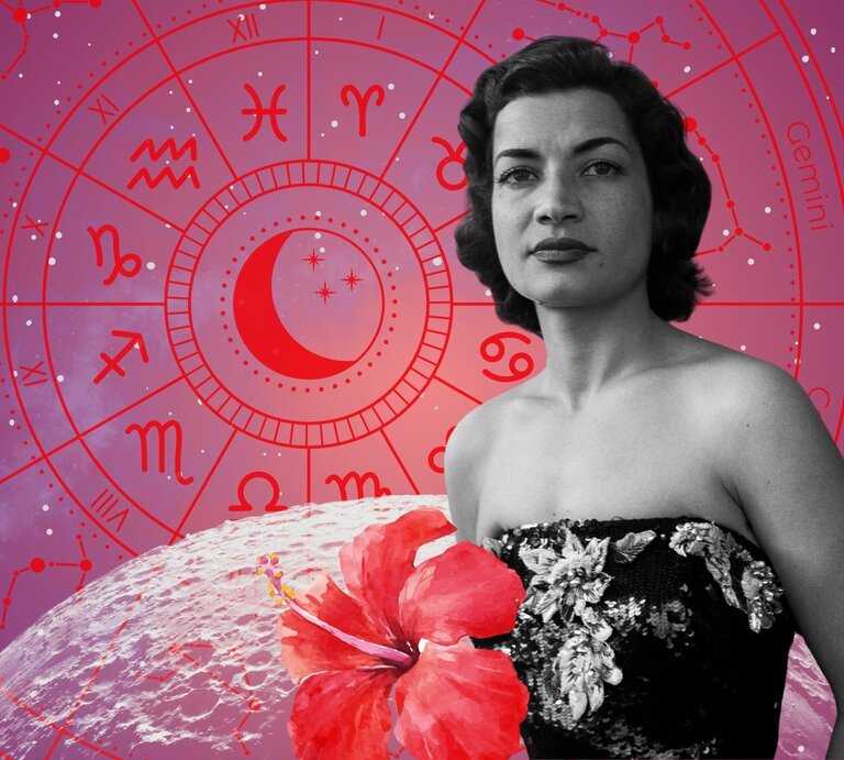 Eine Frau mit hochgestecktem, dunklem Haar und trägerlosem Paillettenkleid steht vor einem astrologischen Kreis, in dem Mond und Tierkreiszeichen leuchten. Eine große rote Hibiskusblüte im Vordergrund verstärkt den sinnlich-romantischen Charakter des Bildes. | © Getty Images/ Keystone Features, WinWin.artlab, sceptical cactus, OyoyStudio, kucingpink/ mohamad imron hamsyah und floral designer via Canva.com [M]