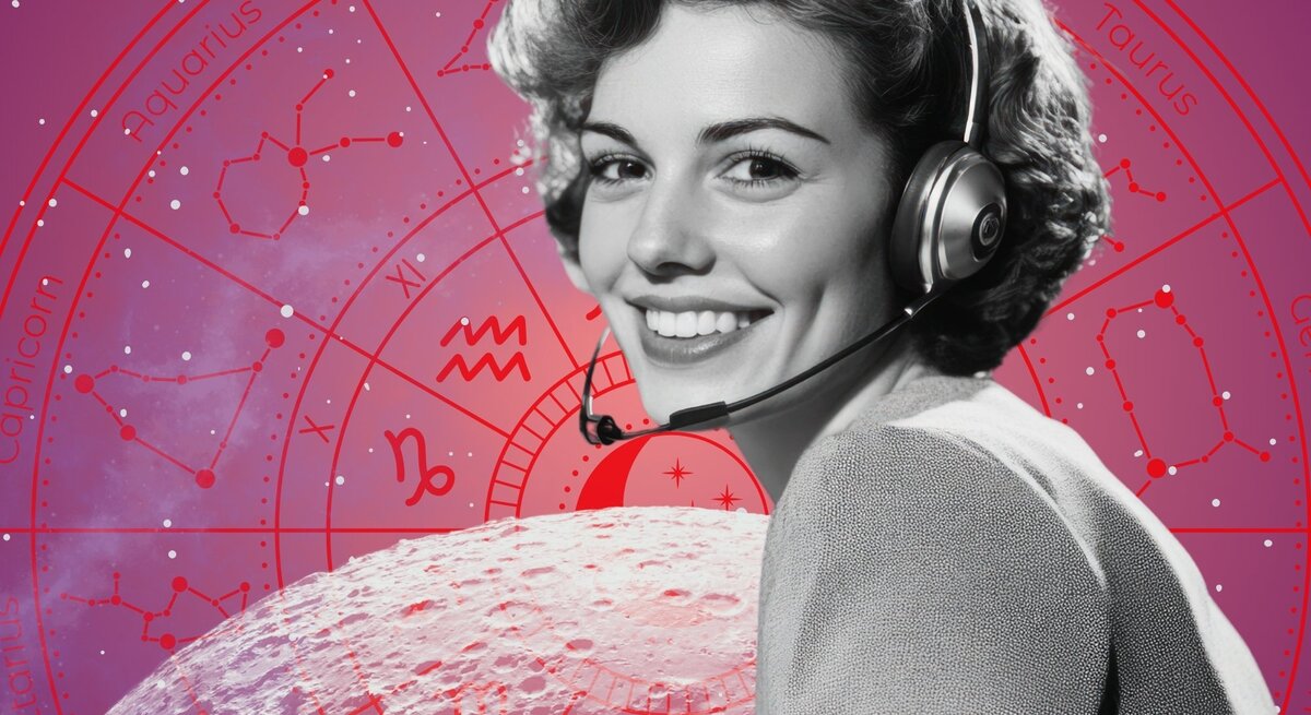 Schwarz-weißes Porträt einer fröhlich lächelnden Frau mit Kurzhaarfrisur und Headset. Im Hintergrund ein pink-violetter Sternenhimmel mit roten astrologischen Symbolen und Tierkreiszeichen.