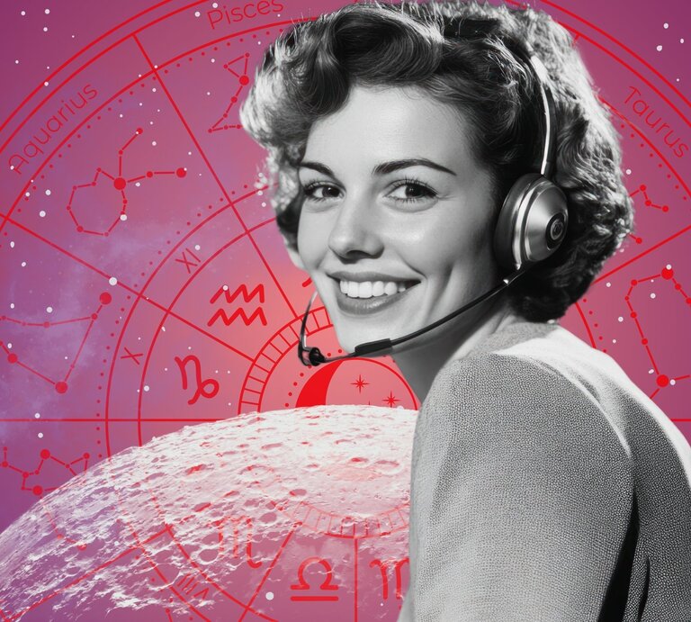 Schwarz-weißes Porträt einer fröhlich lächelnden Frau mit Kurzhaarfrisur und Headset. Im Hintergrund ein pink-violetter Sternenhimmel mit roten astrologischen Symbolen und Tierkreiszeichen. | © Adobe Stock/ akiladiba (KI generiert), WinWin.artlab, sceptical cactus, OyoyStudio und kucingpink/ mohamad imron hamsyah via Canva.com [M]