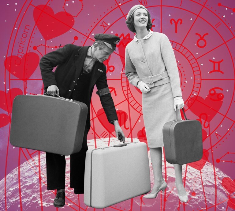 Retro-Foto eines Paares mit Koffern, die Frau im eleganten Mantel, der Mann als Gepäckträger – im Hintergrund Horoskopgrafik mit Herzen und Sternzeichen, Symbolik für Liebe auf Reisen oder emotionale Aufbrüche unter astrologischem Einfluss. | © Getty Images/ Popperfoto, WinWin.artlab, sceptical cactus, OyoyStudio, kucingpink/ mohamad imron hamsyah und ROYAL TRENDZ's Images/ Amaan Pathan via Canva.com [M]