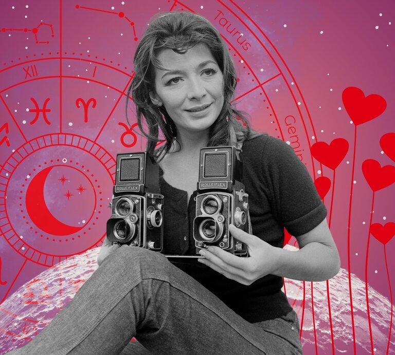Junge Frau mit zwei Vintage-Rolleiflex-Kameras, vor astrologischem Kreis mit Tierkreiszeichen – kreative Energie, Selbstwert und Berufung unter dem Einfluss von Venus im Stier. | © Getty Images/ Popperfoto, WinWin.artlab, sceptical cactus, OyoyStudio, kucingpink/ mohamad imron hamsyah und ROYAL TRENDZ's Images/ Amaan Pathan via Canva.com [M]