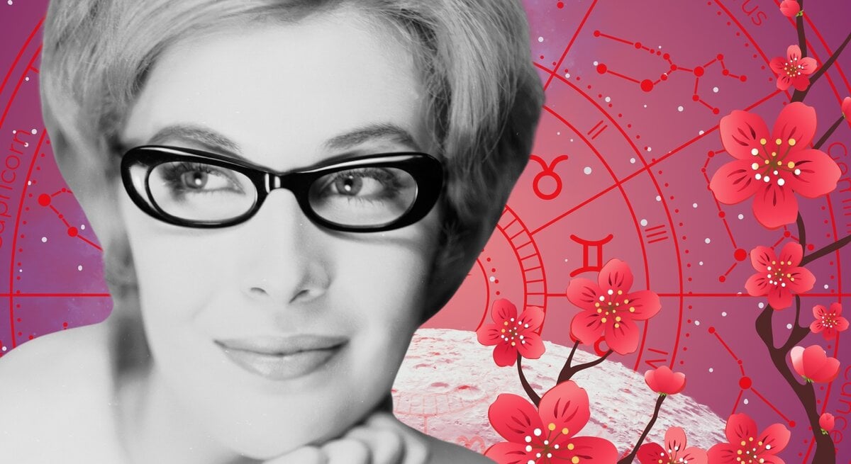 Vintage-Porträt einer eleganten Frau mit dunkler Brille, verträumter Blick zur Seite, im Hintergrund astrologische Symbole und Kirschblüten auf rosafarbenem kosmischen Hintergrund. Themenbild für berufliches Horoskop und Erfolg.