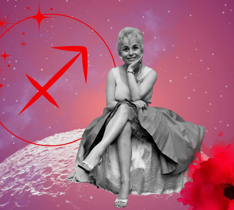 Monatshoroskop für das Sternzeichen Schütze: Illustration eine Frau im Retrostil vor einem pink-lilafarbenen Weltraumhintergrund mit Sternenhimmel und Mond. Rechts unten im Bild eine rote Mohnblume. Links oben in einem Kreis ist das rote Symbol des Tierkreiszeichens Schütze.  | © Getty Images/ Mirrorpix, sceptical cactus, OyoyStudio, pixabay/ Prawny, Artulina, Hus, sparklestroke und kucingpink/ mohamad imron hamsyah via Canva.com [M]