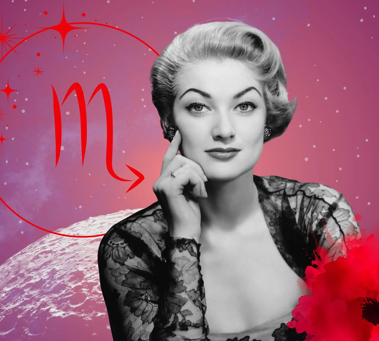 Monatshoroskop für das Sternzeichen Skorpion: Illustration eine Frau im Retrostil vor einem pink-lilafarbenen Weltraumhintergrund mit Sternenhimmel und Mond. Rechts unten im Bild eine rote Mohnblume. Links oben in einem Kreis ist das rote Symbol des Tierkreiszeichens Skorpion.  | © Getty Images/ George Marks, sceptical cactus, OyoyStudio, pixabay/ Prawny, Artulina, Hus, sparklestroke und kucingpink/ mohamad imron hamsyah via Canva.com [M]