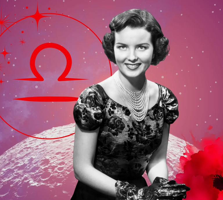 Monatshoroskop für das Sternzeichen Waage: Illustration eine Frau im Retrostil vor einem pink-lilafarbenen Weltraumhintergrund mit Sternenhimmel und Mond. Rechts unten im Bild eine rote Mohnblume. Links oben in einem Kreis ist das rote Symbol des Tierkreiszeichens Waage.  | © Getty Images/ George Marks, sceptical cactus, OyoyStudio, pixabay/ Prawny, Artulina, Hus, sparklestroke und kucingpink/ mohamad imron hamsyah via Canva.com [M]