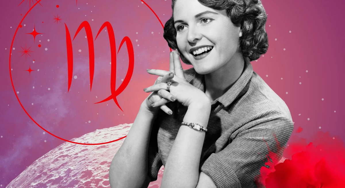 Monatshoroskop für das Sternzeichen Jungfrau: Illustration eine Frau im Retrostil vor einem pink-lilafarbenen Weltraumhintergrund mit Sternenhimmel und Mond. Rechts unten im Bild eine rote Mohnblume. Links oben in einem Kreis ist das rote Symbol des Tierkreiszeichens Jungfrau. 