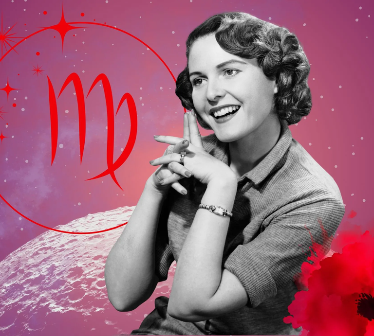 Monatshoroskop für das Sternzeichen Jungfrau: Illustration eine Frau im Retrostil vor einem pink-lilafarbenen Weltraumhintergrund mit Sternenhimmel und Mond. Rechts unten im Bild eine rote Mohnblume. Links oben in einem Kreis ist das rote Symbol des Tierkreiszeichens Jungfrau.  | © Getty Images/ George Marks, sceptical cactus, OyoyStudio, pixabay/ Prawny, Artulina, Hus, sparklestroke und kucingpink/ mohamad imron hamsyah via Canva.com [M]