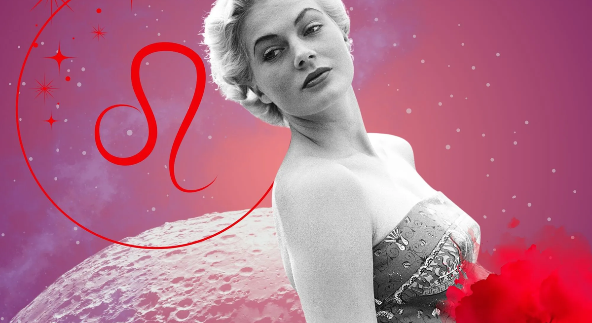 Monatshoroskop für das Sternzeichen Löwe: Illustration eine Frau im Retrostil vor einem pink-lilafarbenen Weltraumhintergrund mit Sternenhimmel und Mond. Rechts unten im Bild eine rote Mohnblume. Links oben in einem Kreis ist das rote Symbol des Tierkreiszeichens Löwe. 