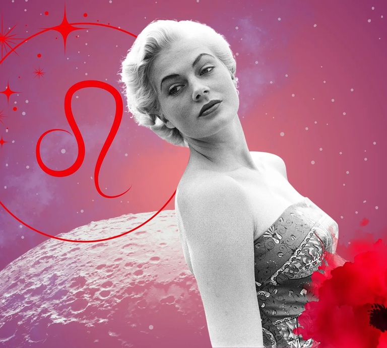 Monatshoroskop für das Sternzeichen Löwe: Illustration eine Frau im Retrostil vor einem pink-lilafarbenen Weltraumhintergrund mit Sternenhimmel und Mond. Rechts unten im Bild eine rote Mohnblume. Links oben in einem Kreis ist das rote Symbol des Tierkreiszeichens Löwe.  | © Getty Images/ Sjöberg Bildbyrå, sceptical cactus, OyoyStudio, pixabay/ Prawny, Artulina, Hus, sparklestroke und kucingpink/ mohamad imron hamsyah via Canva.com [M]