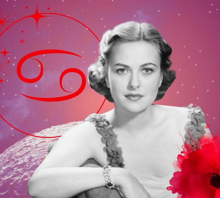 Monatshoroskop für das Sternzeichen Krebs: Illustration eine Frau im Retrostil vor einem pink-lilafarbenen Weltraumhintergrund mit Sternenhimmel und Mond. Rechts unten im Bild eine rote Mohnblume. Links oben in einem Kreis ist das rote Symbol des Tierkreiszeichens Krebs.  | © Getty Images/ George Marks, sceptical cactus, OyoyStudio, pixabay/ Prawny, Artulina, Hus, sparklestroke und kucingpink/ mohamad imron hamsyah via Canva.com [M]