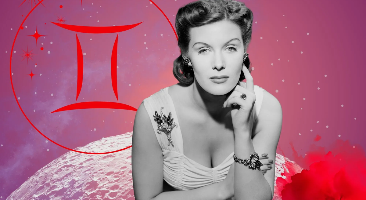 Monatshoroskop für das Sternzeichen Zwillinge: Illustration eine Frau im Retrostil vor einem pink-lilafarbenen Weltraumhintergrund mit Sternenhimmel und Mond. Rechts unten im Bild eine rote Mohnblume. Links oben in einem Kreis ist das rote Symbol des Tierkreiszeichens Zwillinge. 