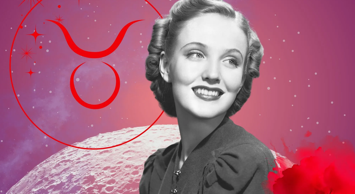 Monatshoroskop für das Sternzeichen Stier: Illustration eine Frau im Retrostil vor einem pink-lilafarbenen Weltraumhintergrund mit Sternenhimmel und Mond. Rechts unten im Bild eine rote Mohnblume. Links oben in einem Kreis ist das rote Symbol des Tierkreiszeichens Stier. 