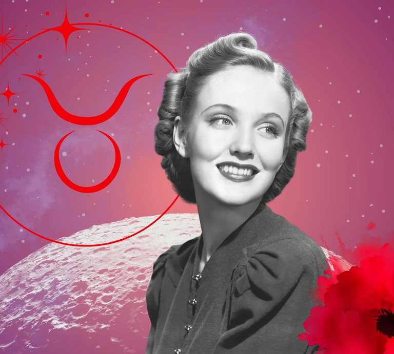 Monatshoroskop für das Sternzeichen Stier: Illustration eine Frau im Retrostil vor einem pink-lilafarbenen Weltraumhintergrund mit Sternenhimmel und Mond. Rechts unten im Bild eine rote Mohnblume. Links oben in einem Kreis ist das rote Symbol des Tierkreiszeichens Stier.  | © Getty Images/ George Marks, sceptical cactus, OyoyStudio, pixabay/ Prawny, Artulina, Hus, sparklestroke und kucingpink/ mohamad imron hamsyah via Canva.com [M]