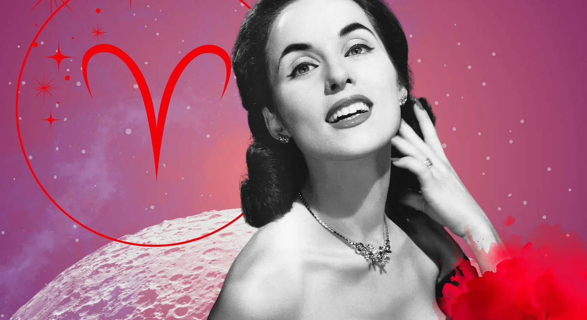 Monatshoroskop für das Sternzeichen Widder: Illustration eine Frau im Retrostil vor einem pink-lilafarbenen Weltraumhintergrund mit Sternenhimmel und Mond. Rechts unten im Bild eine rote Mohnblume. Links oben in einem Kreis ist das rote Symbol des Tierkreiszeichens Widder. 