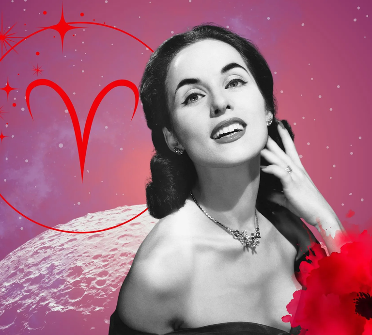 Monatshoroskop für das Sternzeichen Widder: Illustration eine Frau im Retrostil vor einem pink-lilafarbenen Weltraumhintergrund mit Sternenhimmel und Mond. Rechts unten im Bild eine rote Mohnblume. Links oben in einem Kreis ist das rote Symbol des Tierkreiszeichens Widder.  | © Getty Images/ Stockbyte, sceptical cactus, OyoyStudio, pixabay/ Prawny, Artulina, Hus, sparklestroke und kucingpink/ mohamad imron hamsyah via Canva.com [M]