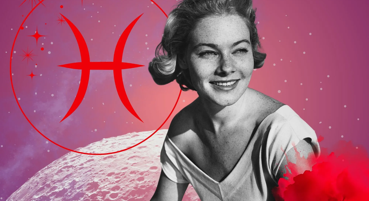 Monatshoroskop für das Sternzeichen Fische: Illustration eine Frau im Retrostil vor einem pink-lilafarbenen Weltraumhintergrund mit Sternenhimmel und Mond. Rechts unten im Bild eine rote Mohnblume. Links oben in einem Kreis ist das rote Symbol des Tierkreiszeichens Fische. 