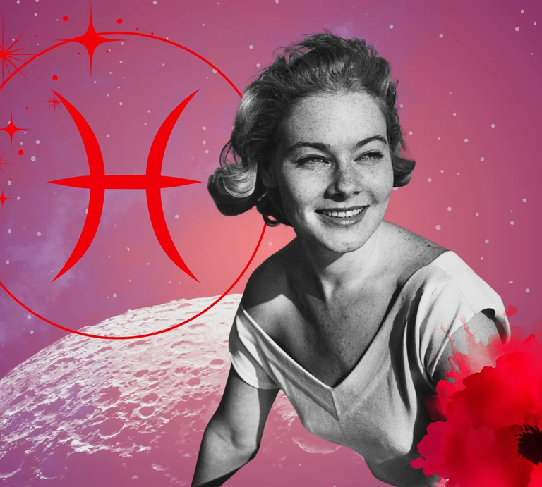 Monatshoroskop für das Sternzeichen Fische: Illustration eine Frau im Retrostil vor einem pink-lilafarbenen Weltraumhintergrund mit Sternenhimmel und Mond. Rechts unten im Bild eine rote Mohnblume. Links oben in einem Kreis ist das rote Symbol des Tierkreiszeichens Fische.  | © Getty Images/ Keystone Features, sceptical cactus, OyoyStudio, pixabay/ Prawny, Artulina, Hus, sparklestroke und kucingpink/ mohamad imron hamsyah via Canva.com [M]