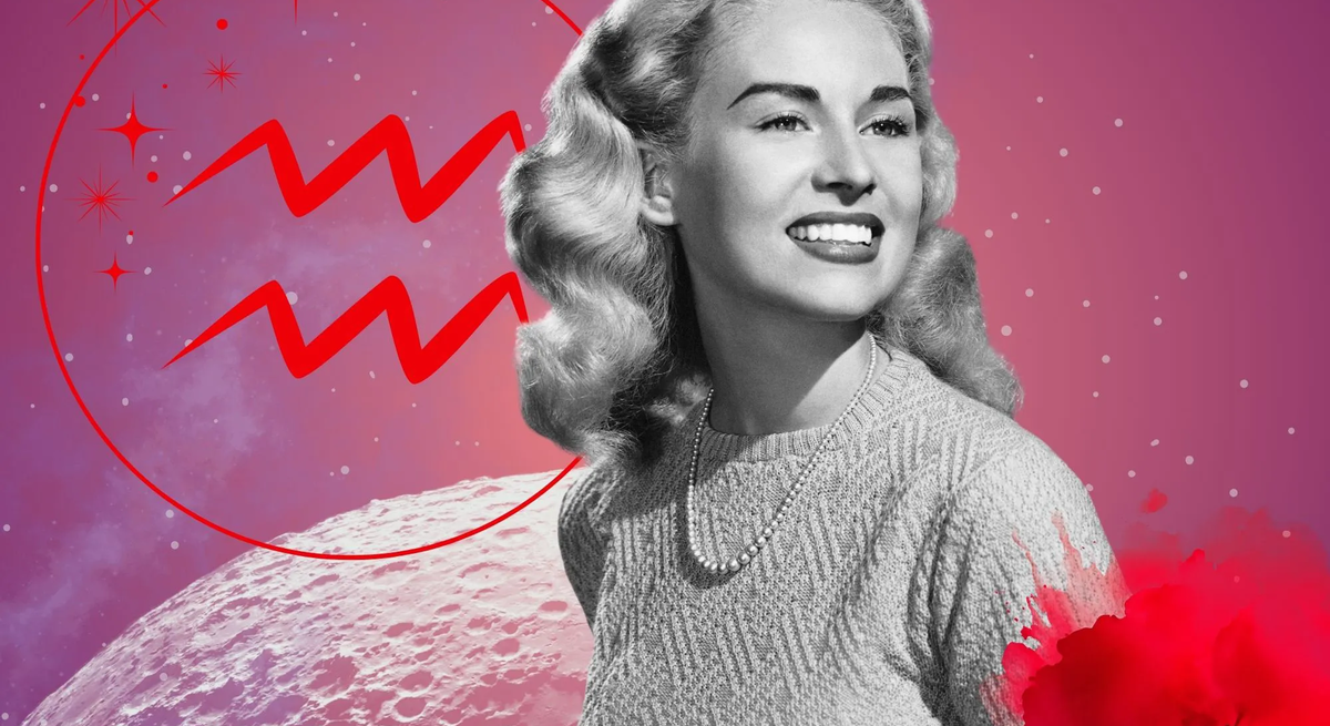 Monatshoroskop für das Sternzeichen Wassermann: Illustration eine Frau im Retrostil vor einem pink-lilafarbenen Weltraumhintergrund mit Sternenhimmel und Mond. Rechts unten im Bild eine rote Mohnblume. Links oben in einem Kreis ist das rote Symbol des Tierkreiszeichens Wassermann. 