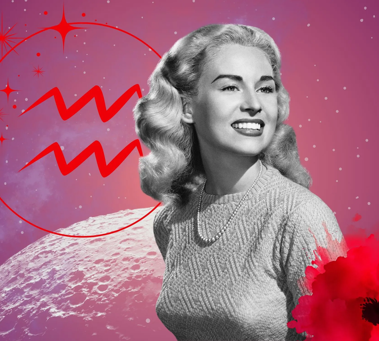 Monatshoroskop für das Sternzeichen Wassermann: Illustration eine Frau im Retrostil vor einem pink-lilafarbenen Weltraumhintergrund mit Sternenhimmel und Mond. Rechts unten im Bild eine rote Mohnblume. Links oben in einem Kreis ist das rote Symbol des Tierkreiszeichens Wassermann.  | © Getty Images/ Stockbyte, sceptical cactus, OyoyStudio, pixabay/ Prawny, Artulina, Hus, sparklestroke und kucingpink/ mohamad imron hamsyah via Canva.com [M]