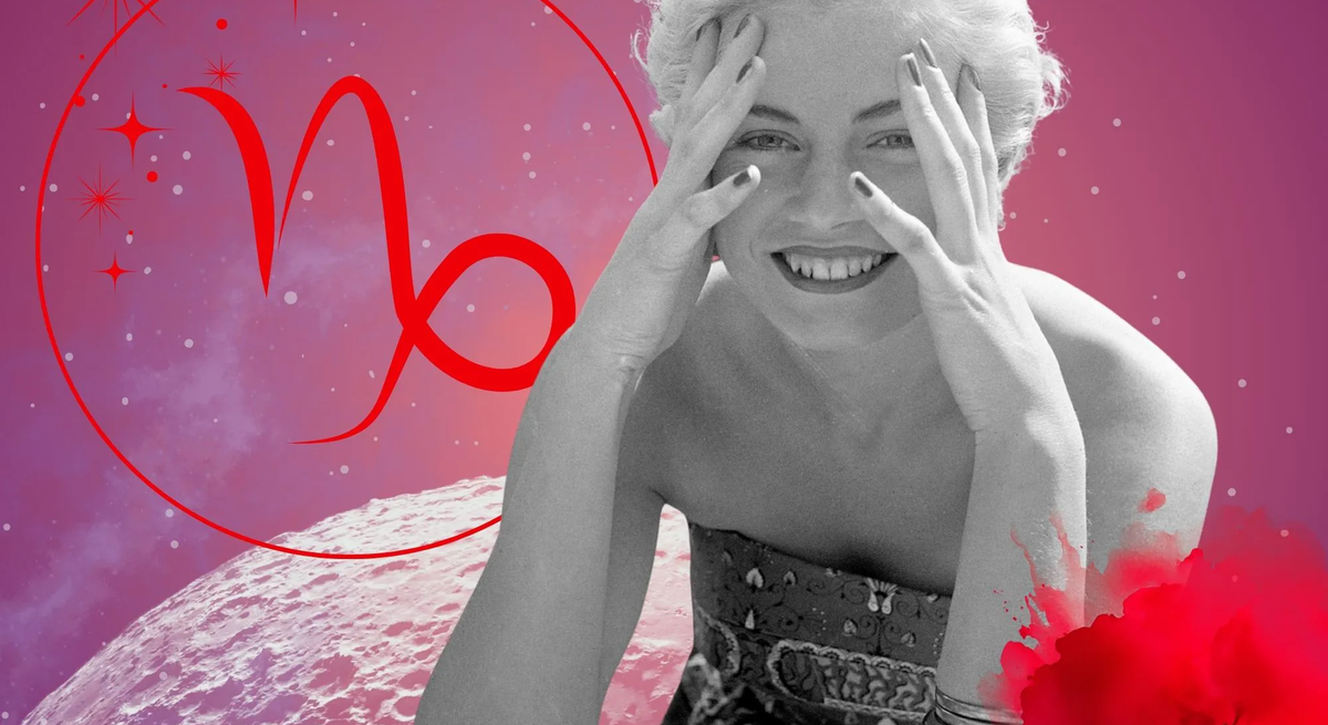 Monatshoroskop für das Sternzeichen Steinbock: Illustration eine Frau im Retrostil vor einem pink-lilafarbenen Weltraumhintergrund mit Sternenhimmel und Mond. Rechts unten im Bild eine rote Mohnblume. Links oben in einem Kreis ist das rote Symbol des Tierkreiszeichens Steinbock. 