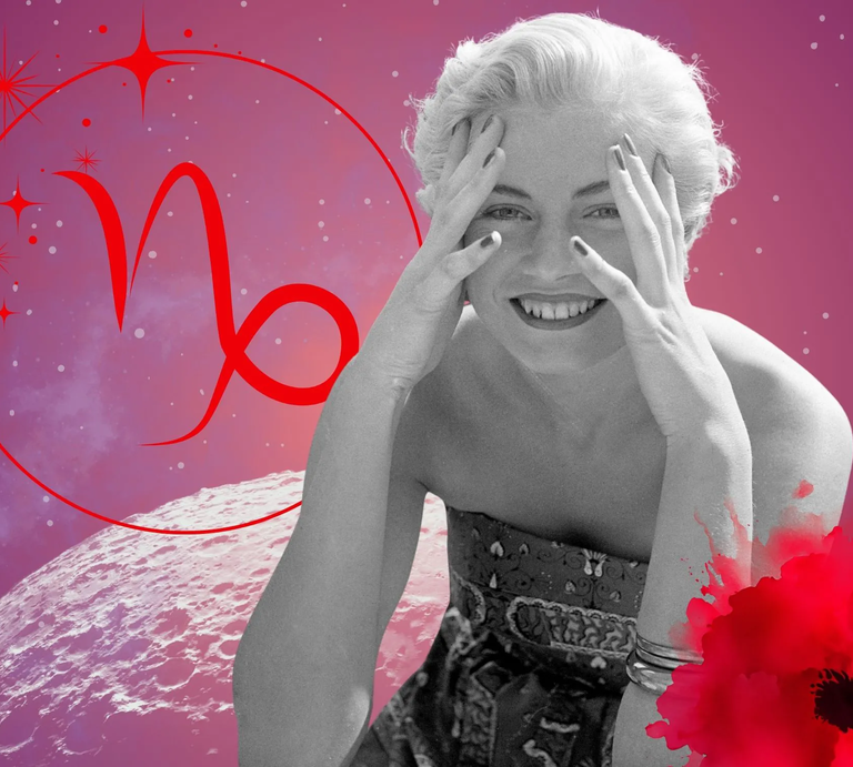 Monatshoroskop für das Sternzeichen Steinbock: Illustration eine Frau im Retrostil vor einem pink-lilafarbenen Weltraumhintergrund mit Sternenhimmel und Mond. Rechts unten im Bild eine rote Mohnblume. Links oben in einem Kreis ist das rote Symbol des Tierkreiszeichens Steinbock.  | © Getty Images/ Sjöberg Bildbyrå, sceptical cactus, OyoyStudio, pixabay/ Prawny, Artulina, Hus, sparklestroke und kucingpink/ mohamad imron hamsyah via Canva.com [M]
