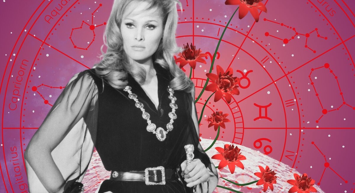 Stilvolles Porträt einer Frau im Vintage-Look mit Gürtelkleid und opulentem Schmuck, im Vordergrund leuchtend rote Blumen, dahinter der Tierkreis mit Sternzeichen auf pink-violettem Sternenhimmel – steht für Selbstbewusstsein und Schicksalsfragen.